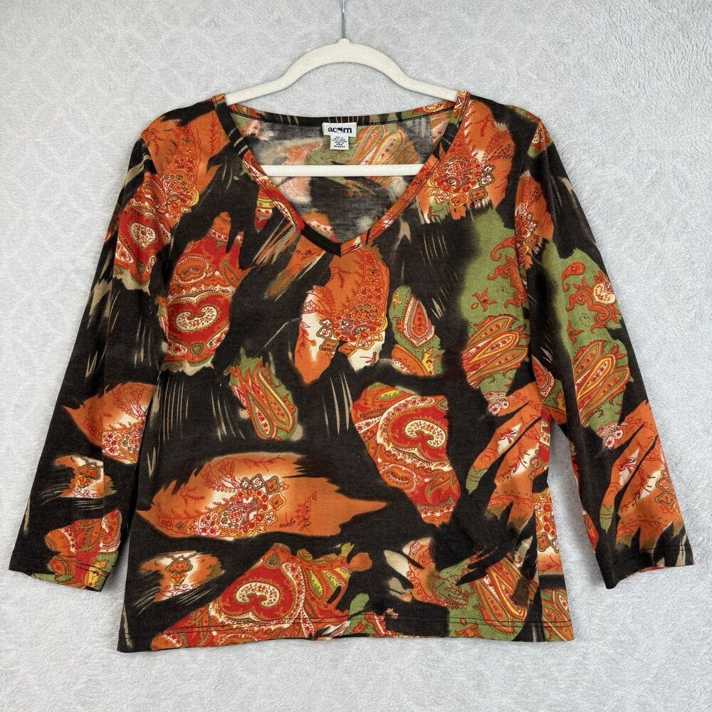 Vtg Acorn Silk Blend Top Womens Small Orange Brown Paisley Artsy Fairygrunge 90s